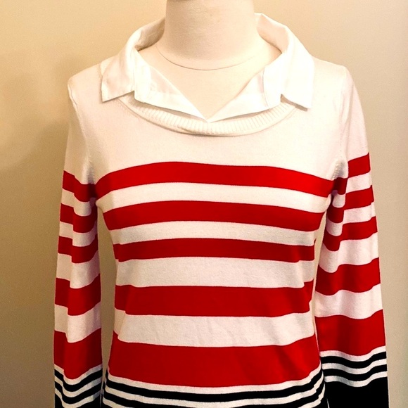 Calvin Klein Black Red White Striped SZ S Preppy Designer Casual Chic Sweater - Picture 2 of 8